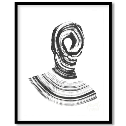 """Vortex Portrait"" presents a striking abstract depiction of a human figure rendered in bold blac… for home