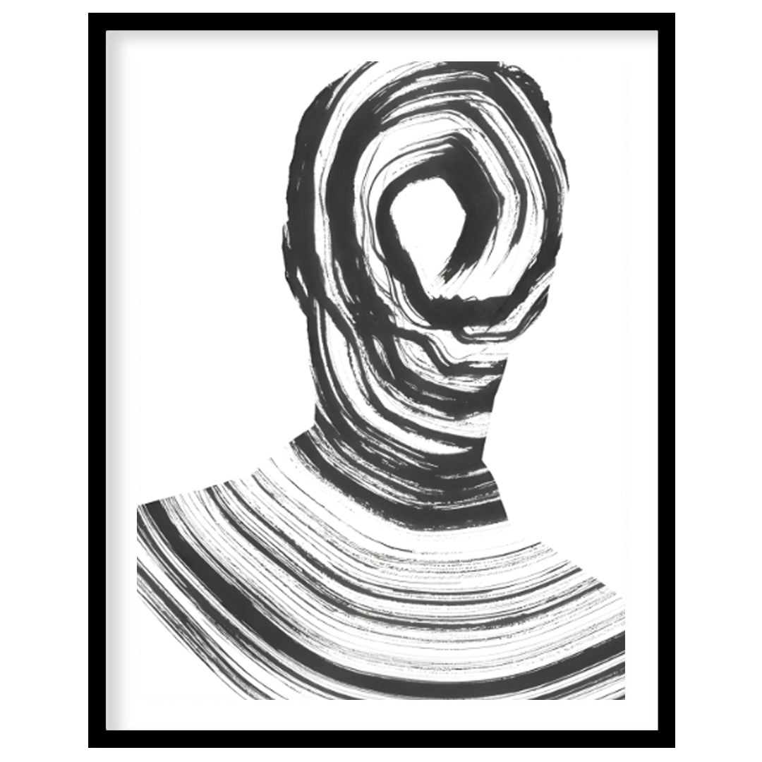 """Vortex Portrait"" presents a striking abstract depiction of a human figure rendered in bold blac… for home