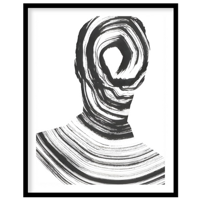 """Vortex Portrait"" presents a striking abstract depiction of a human figure rendered in bold blac… for home