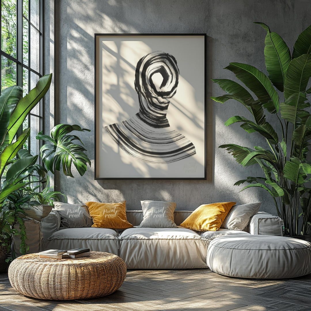 """Vortex Portrait"" presents a striking abstract depiction of a human figure rendered in bold blac… for living room