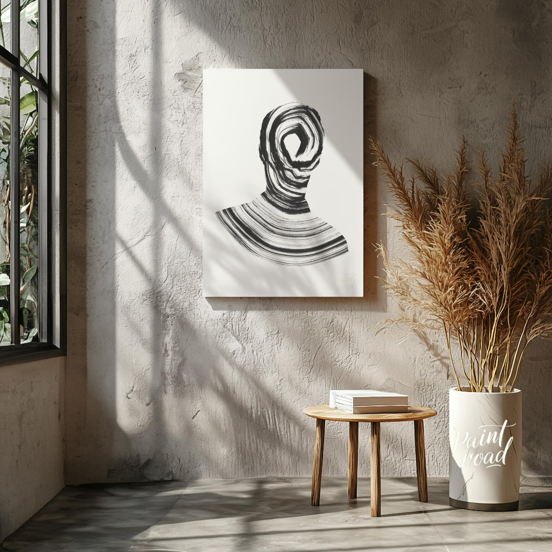 """Vortex Portrait"" presents a striking abstract depiction of a human figure rendered in bold blac… for living room