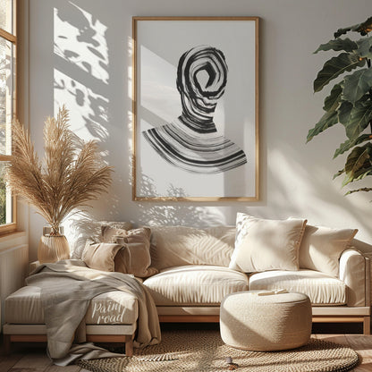 """Vortex Portrait"" presents a striking abstract depiction of a human figure rendered in bold blac… for living room