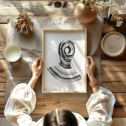 """Vortex Portrait"" presents a striking abstract depiction of a human figure rendered in bold blac… for other