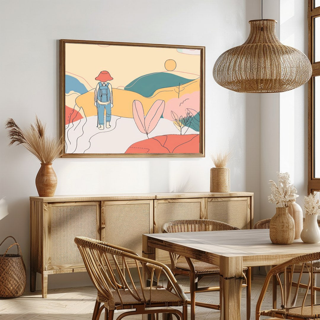 Explore the serene paths of an abstract landscape with 'Wanderer's Dreamscape.' This piece captures for Dining