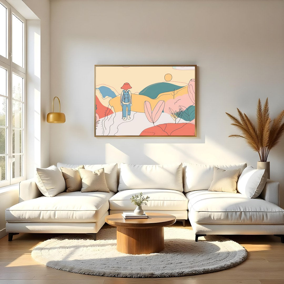 Explore the serene paths of an abstract landscape with 'Wanderer's Dreamscape.' This piece captures for Living Room
