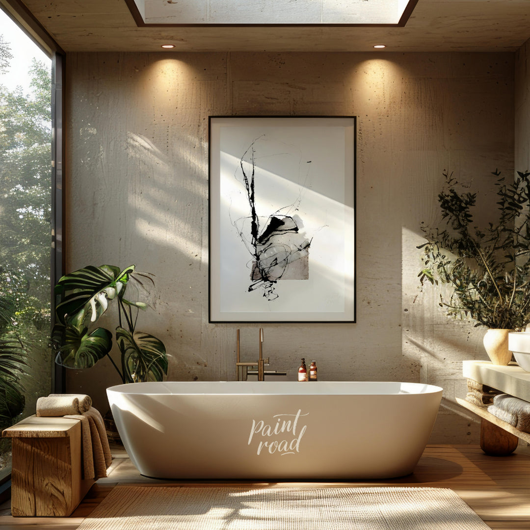 This presents a dynamic interplay of abstract forms and expressive ink strokes against a clean, whi… for bathroom