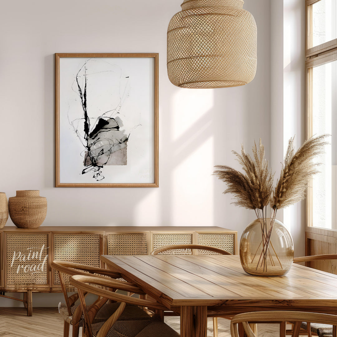 This presents a dynamic interplay of abstract forms and expressive ink strokes against a clean, whi… for dining room