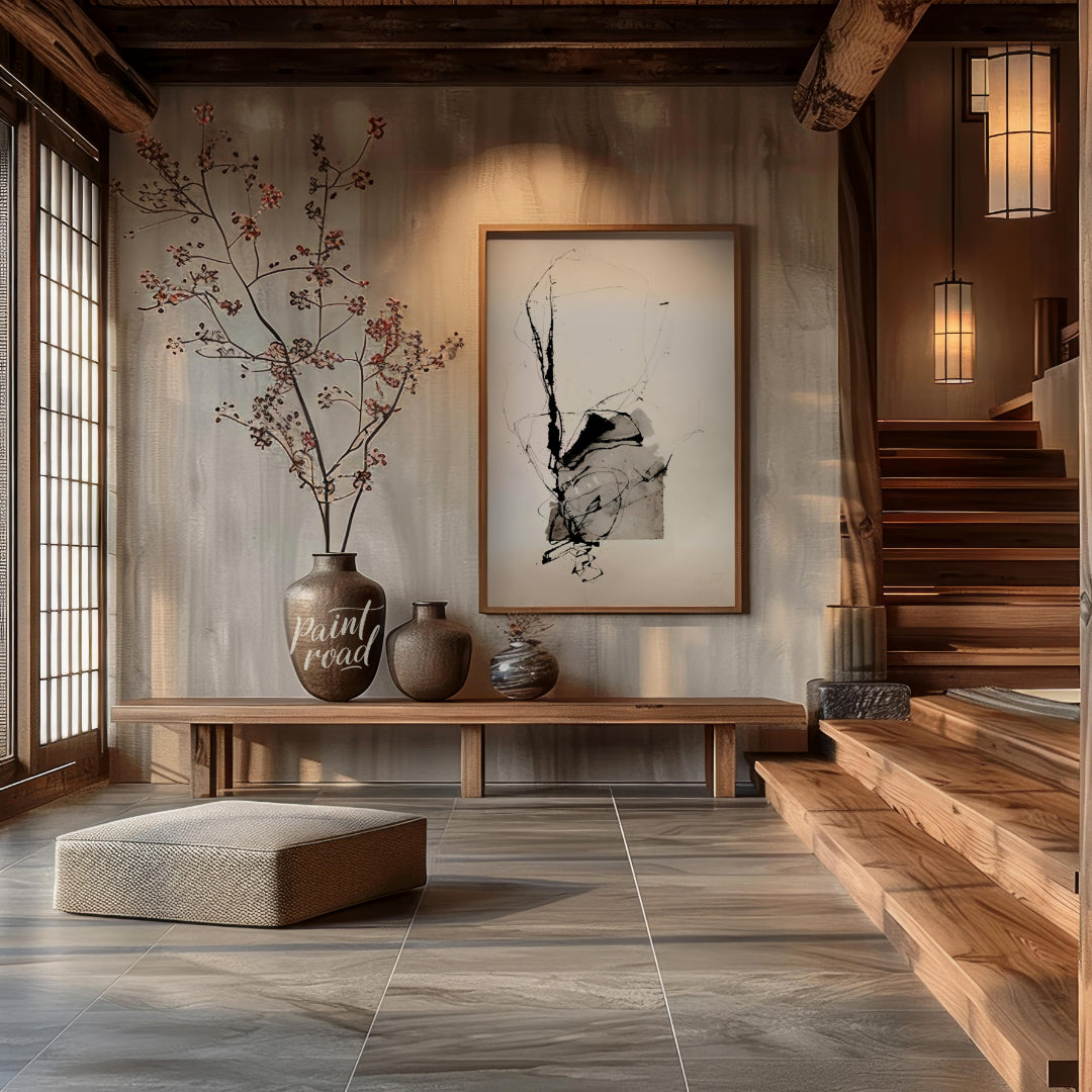 This presents a dynamic interplay of abstract forms and expressive ink strokes against a clean, whi… for entryway