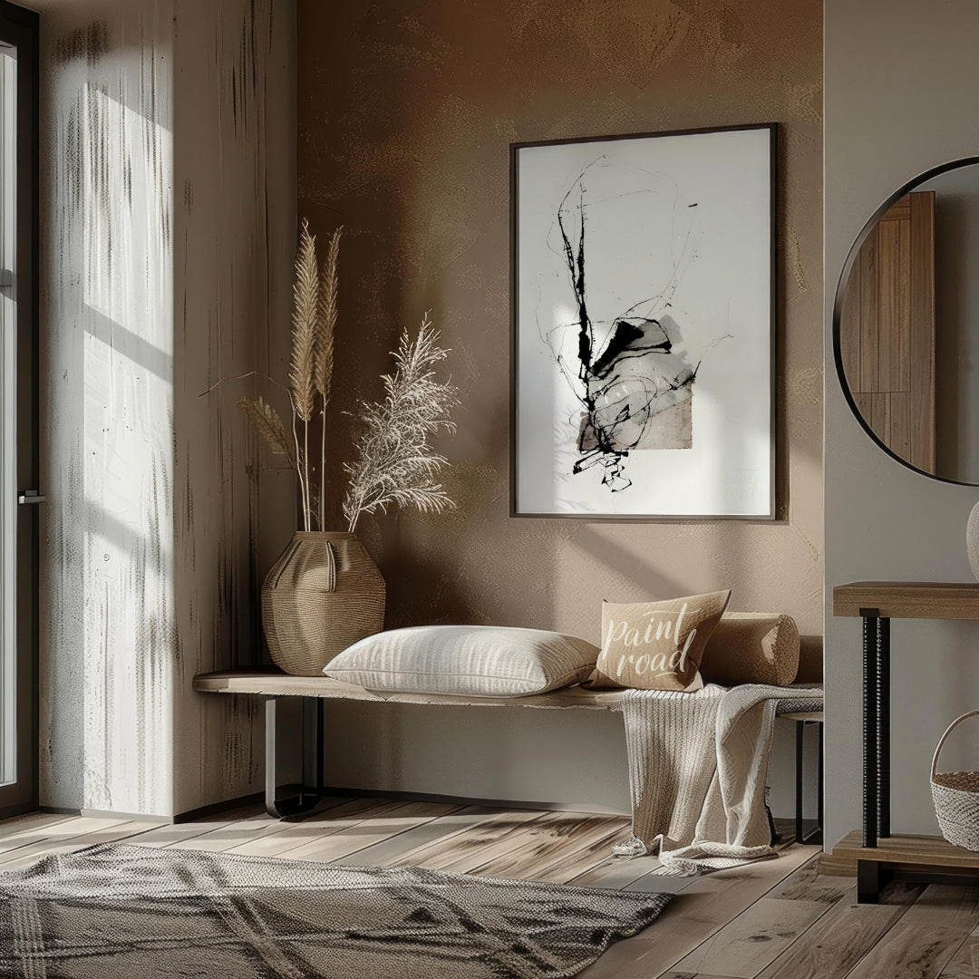 This presents a dynamic interplay of abstract forms and expressive ink strokes against a clean, whi… for entryway