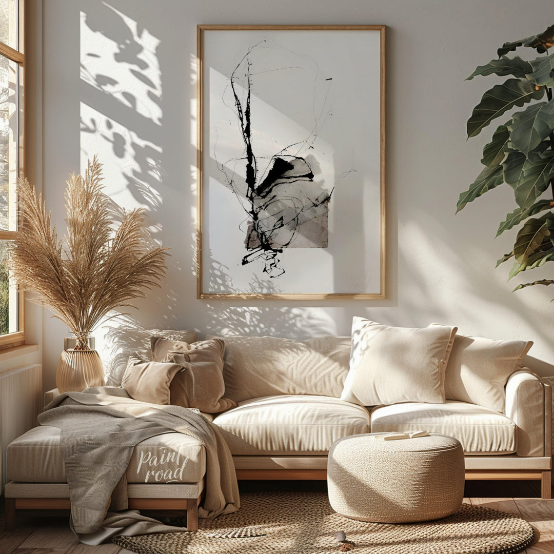 This presents a dynamic interplay of abstract forms and expressive ink strokes against a clean, whi… for living room