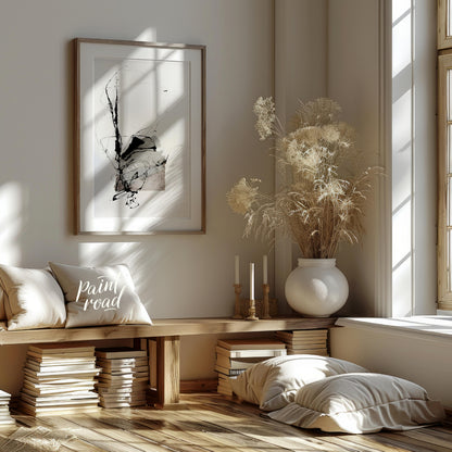 This presents a dynamic interplay of abstract forms and expressive ink strokes against a clean, whi… for living room
