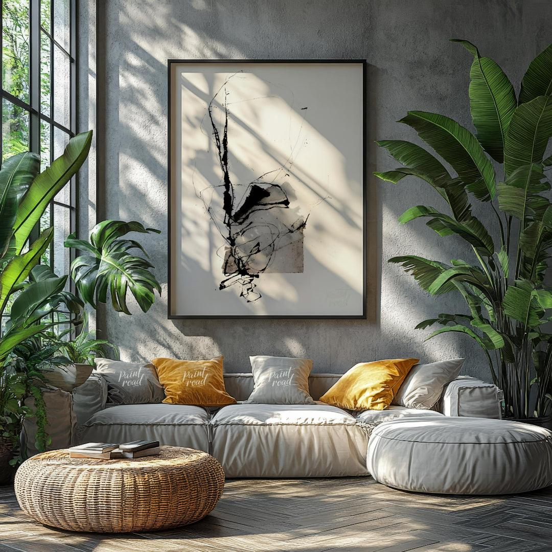 This presents a dynamic interplay of abstract forms and expressive ink strokes against a clean, whi… for living room