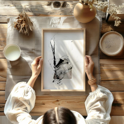 This presents a dynamic interplay of abstract forms and expressive ink strokes against a clean, whi… for other