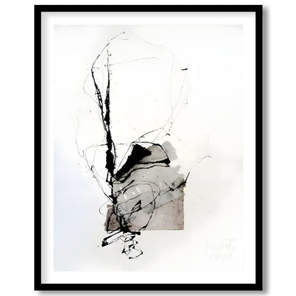 This presents a dynamic interplay of abstract forms and expressive ink strokes against a clean, whi… for place