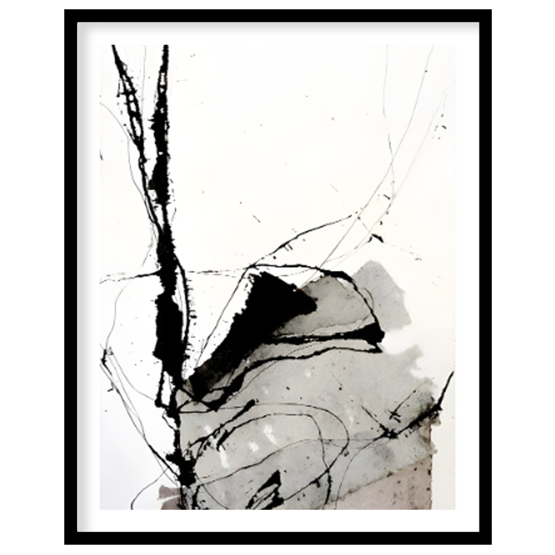 This presents a dynamic interplay of abstract forms and expressive ink strokes against a clean, whi… for place