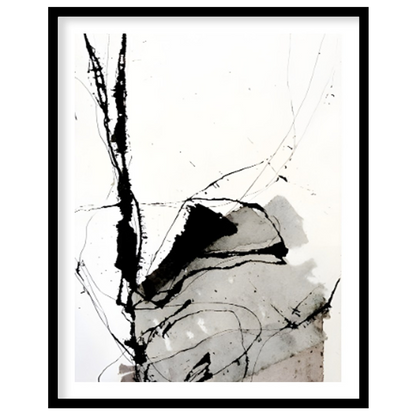 This presents a dynamic interplay of abstract forms and expressive ink strokes against a clean, whi… for place