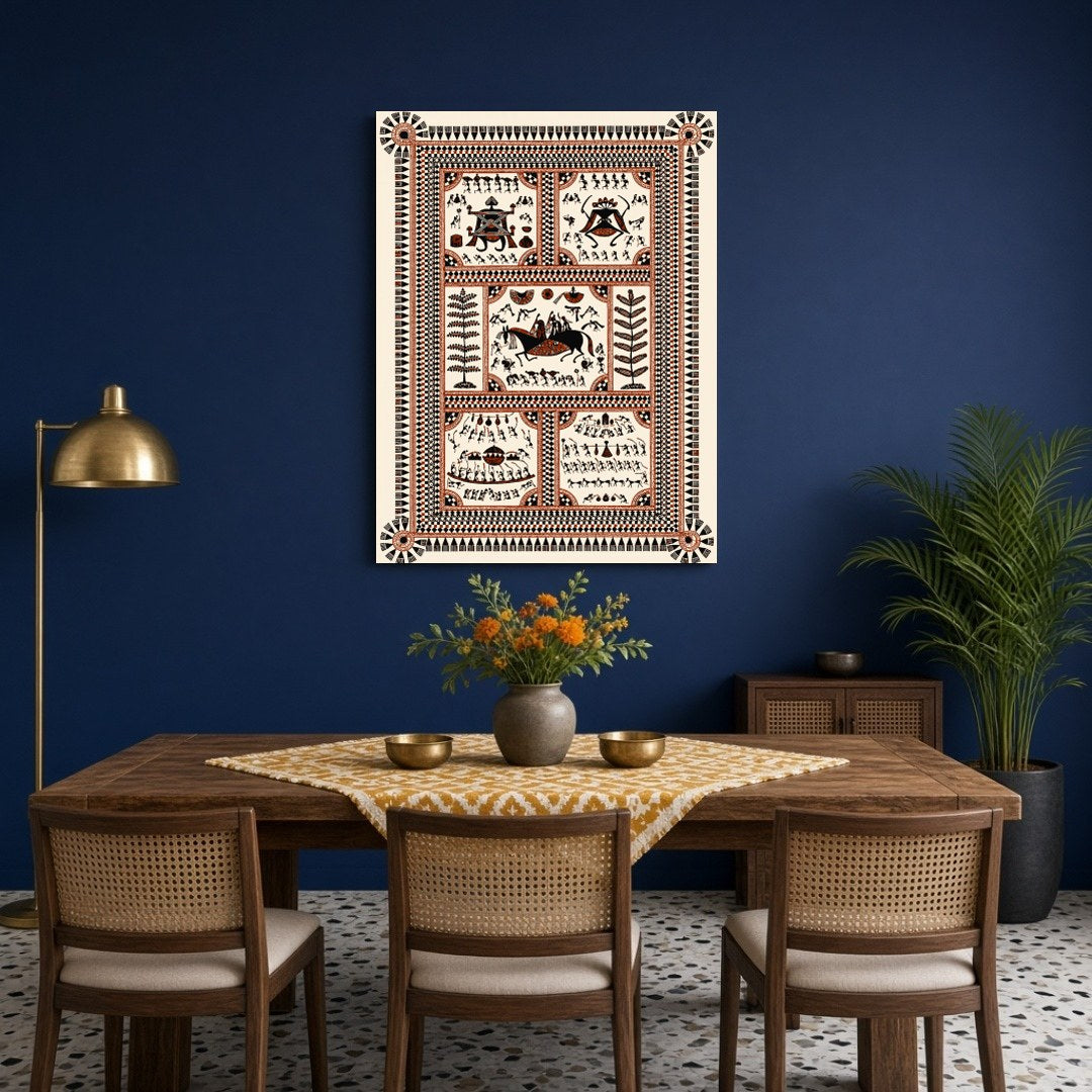 Immerse yourself in the vibrant celebration of village life with this intricate Warli art print. for Dining