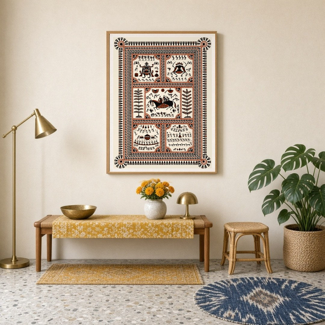 Immerse yourself in the vibrant celebration of village life with this intricate Warli art print. for Entrance