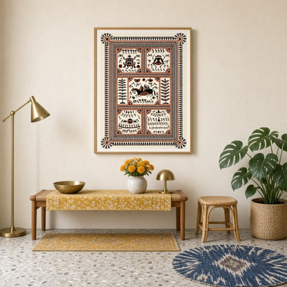 Immerse yourself in the vibrant celebration of village life with this intricate Warli art print. for Entrance