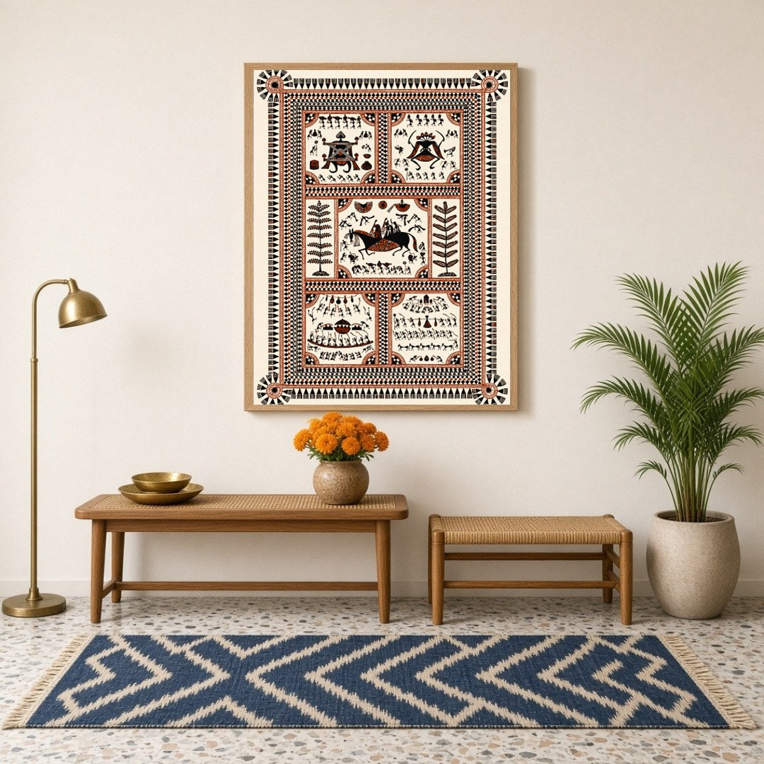 Immerse yourself in the vibrant celebration of village life with this intricate Warli art print. for Hallway