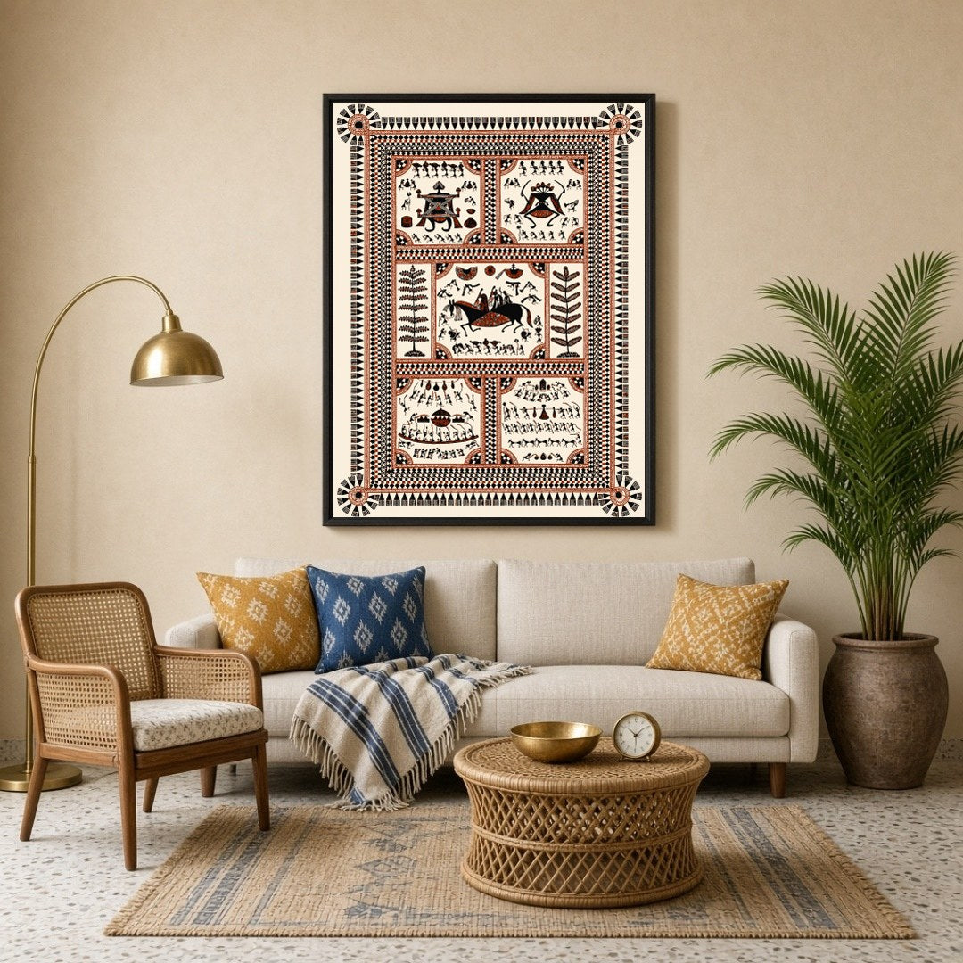 Immerse yourself in the vibrant celebration of village life with this intricate Warli art print. for Living Room