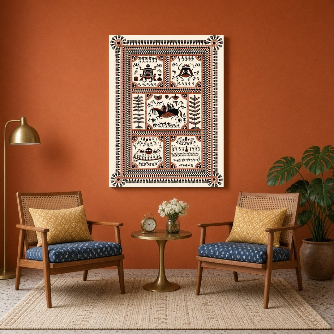 Immerse yourself in the vibrant celebration of village life with this intricate Warli art print. for Sitting Area