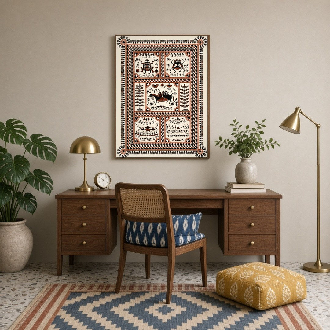 Immerse yourself in the vibrant celebration of village life with this intricate Warli art print. for Study
