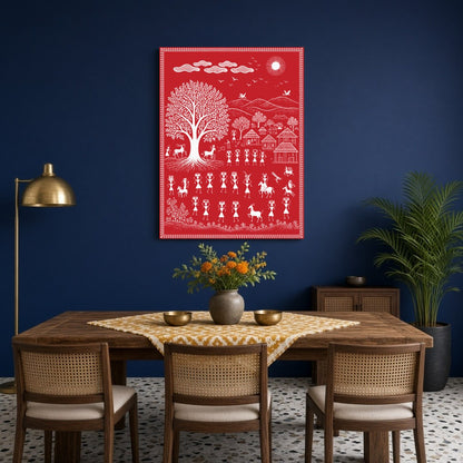 Celebrate the essence of community and nature with this captivating Warli art print. Featuring for Dining