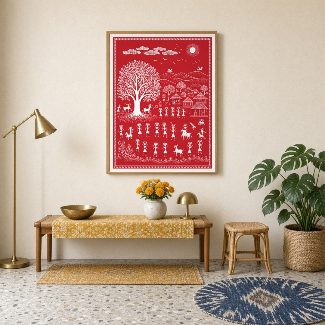 Celebrate the essence of community and nature with this captivating Warli art print. Featuring for Entrance