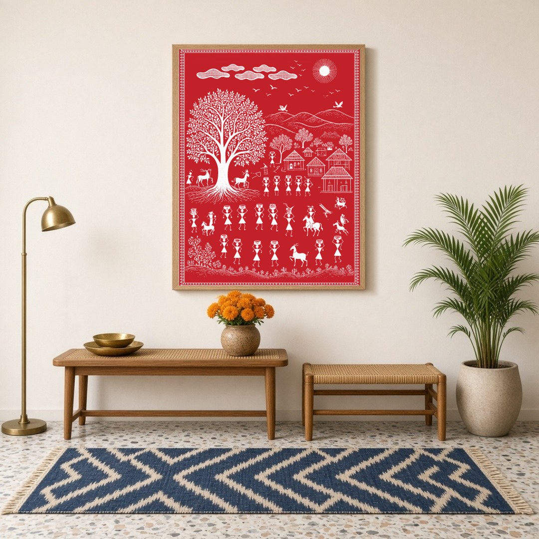 Celebrate the essence of community and nature with this captivating Warli art print. Featuring for Hallway
