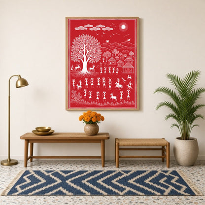 Celebrate the essence of community and nature with this captivating Warli art print. Featuring for Hallway