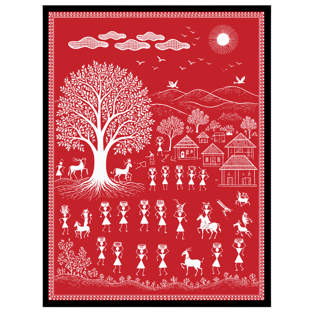 Celebrate the essence of community and nature with this captivating Warli art print. Featuring for house