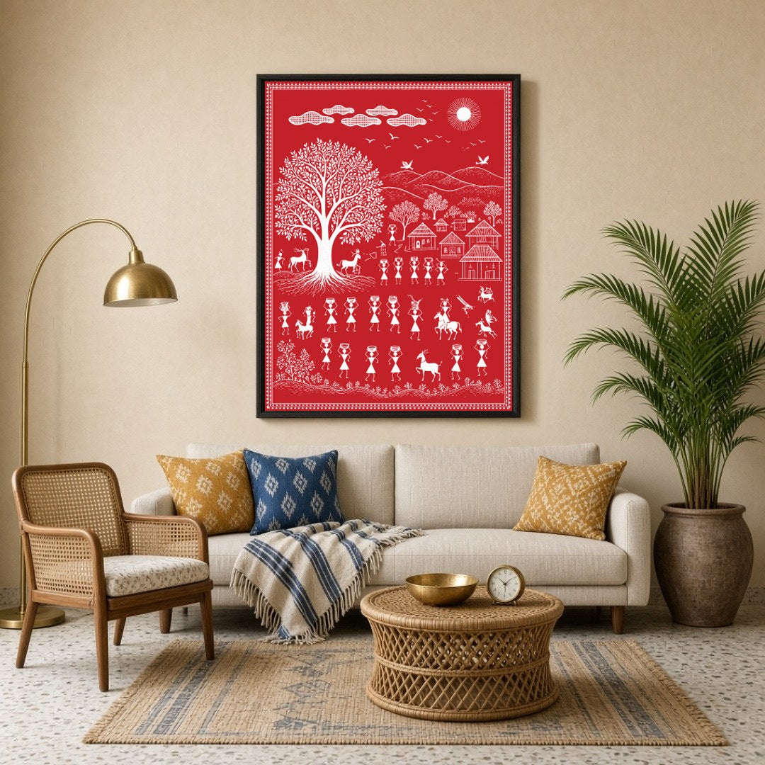 Celebrate the essence of community and nature with this captivating Warli art print. Featuring for Living Room