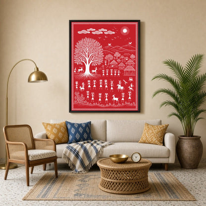 Celebrate the essence of community and nature with this captivating Warli art print. Featuring for Living Room