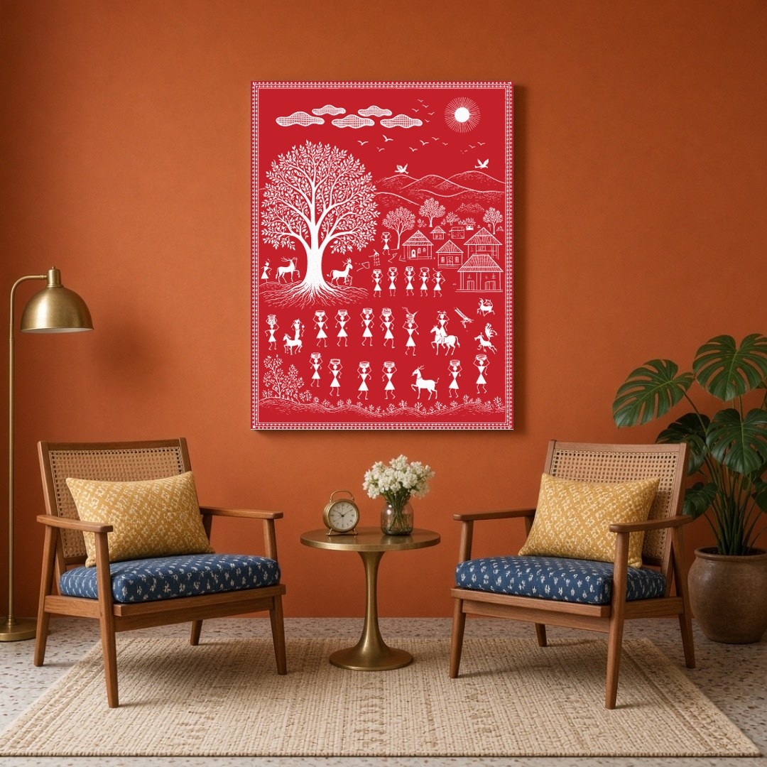 Celebrate the essence of community and nature with this captivating Warli art print. Featuring for Sitting Area