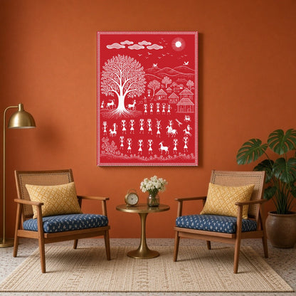 Celebrate the essence of community and nature with this captivating Warli art print. Featuring for Sitting Area