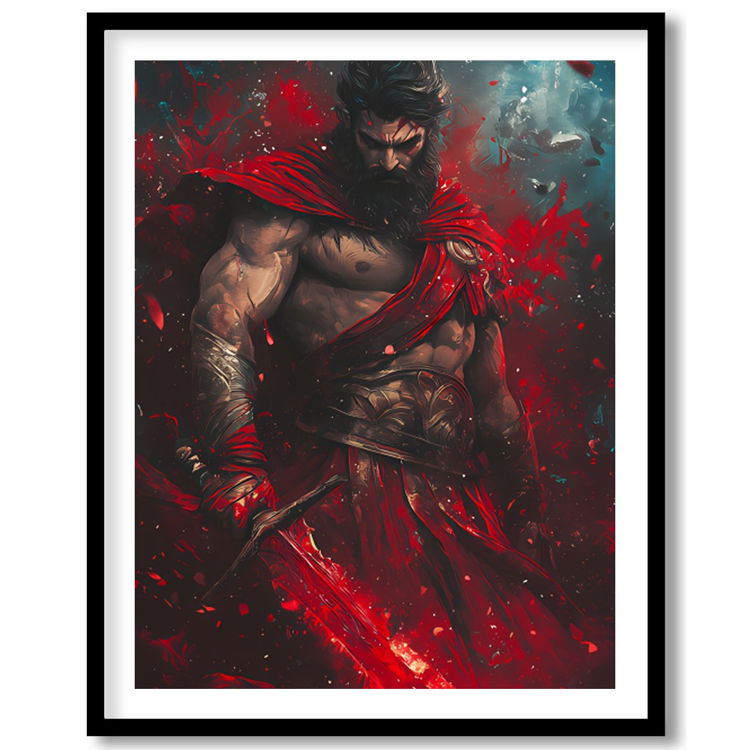 Embrace the epic drama of gods and warriors with this striking artwork. A commanding figure stands for abode