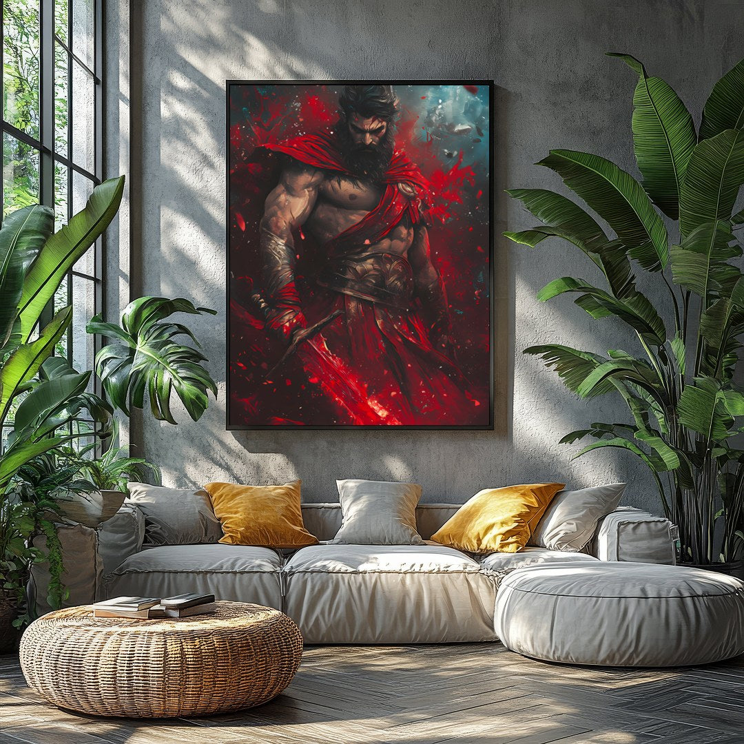 Embrace the epic drama of gods and warriors with this striking artwork. A commanding figure stands for Balcony