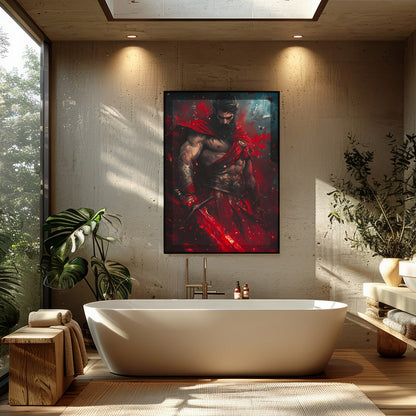 Embrace the epic drama of gods and warriors with this striking artwork. A commanding figure stands for Bathroom