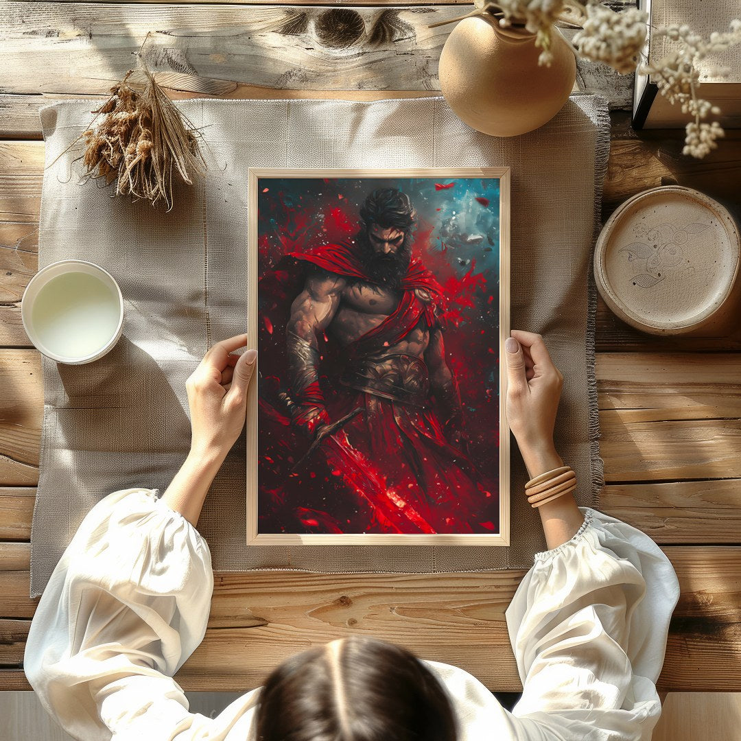 Embrace the epic drama of gods and warriors with this striking artwork. A commanding figure stands for decor
