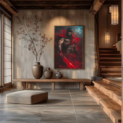 Embrace the epic drama of gods and warriors with this striking artwork. A commanding figure stands for Hall