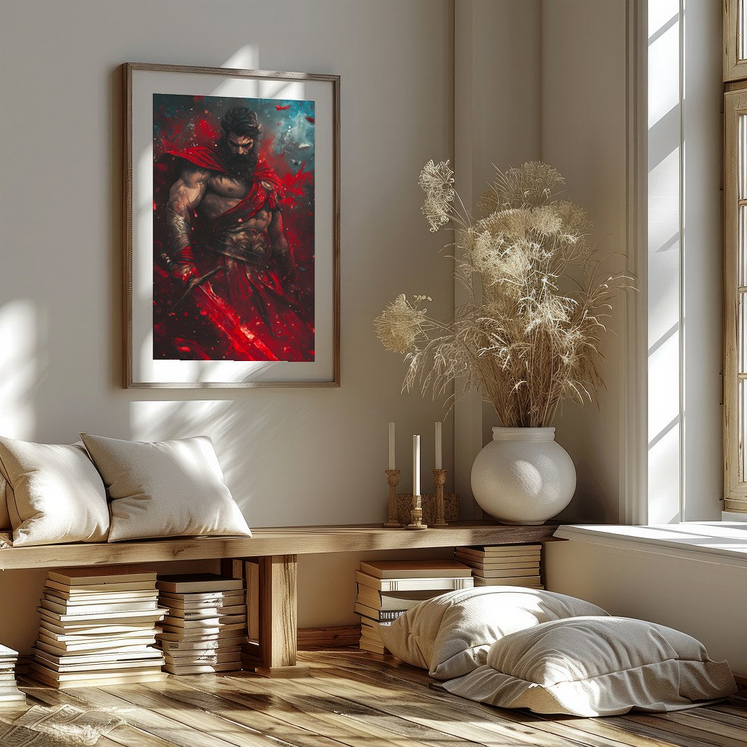 Embrace the epic drama of gods and warriors with this striking artwork. A commanding figure stands for interior