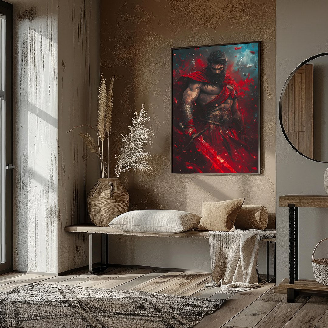 Embrace the epic drama of gods and warriors with this striking artwork. A commanding figure stands for kitchen