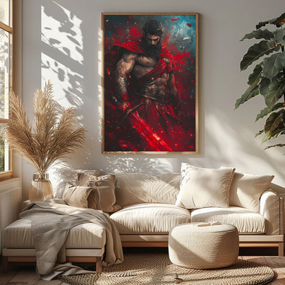 Embrace the epic drama of gods and warriors with this striking artwork. A commanding figure stands for Sitting Area