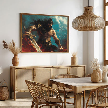 Dive into the world of fantasy with this striking artwork featuring a fierce warrior amidst a for Dining