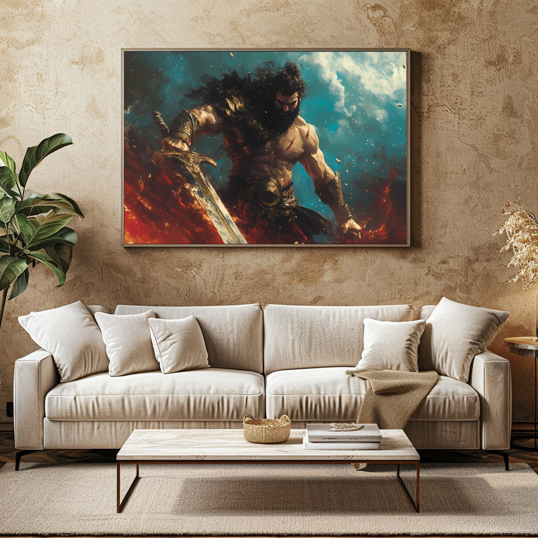 Dive into the world of fantasy with this striking artwork featuring a fierce warrior amidst a for Family Room