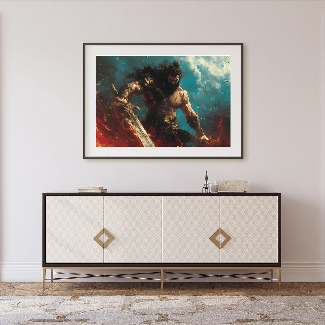 Dive into the world of fantasy with this striking artwork featuring a fierce warrior amidst a for Foyer