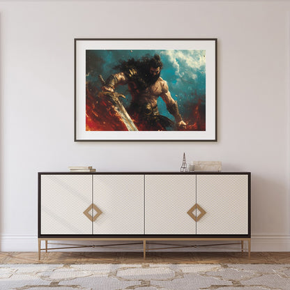 Dive into the world of fantasy with this striking artwork featuring a fierce warrior amidst a for Foyer