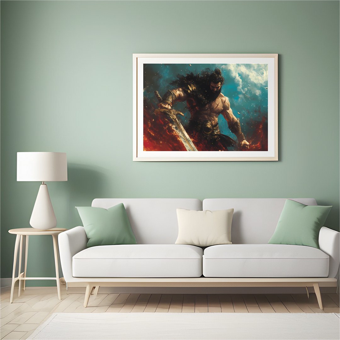 Dive into the world of fantasy with this striking artwork featuring a fierce warrior amidst a for Hall
