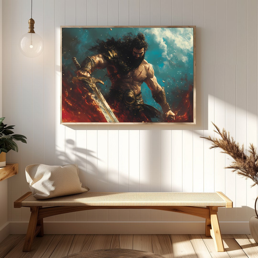 Dive into the world of fantasy with this striking artwork featuring a fierce warrior amidst a for Hallway